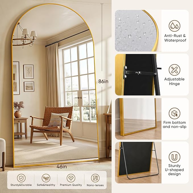 Full Length Mirror, 86"x46" Arched Floor Mirror Freestanding, Floor Standing Full Body Mirror with Stand for Bedroom, Hanging Mounted for Living Room Cloakroom, Gold