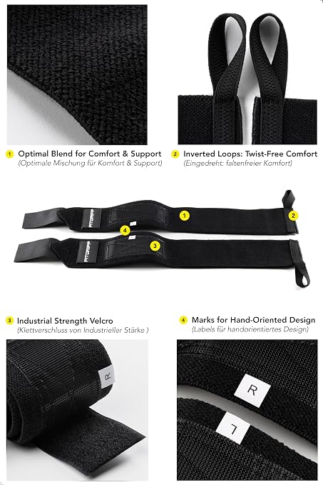 Fitgriff® Wrist Wraps for Weightlifting (18") Heavy-Duty Support for Gym, Bench Press, and Pushups (1 Pair) - for Men and Women (Black)