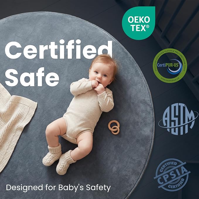 Baby Play Mat for Floor,Large 79in Round Mat for Toddler,Infant,Kids,1.3" Thick Non-Slip Nursery Rug,Water Repellent Soft Padded Activity Mats for Tummy Time, Crawling,Playroom(Dark Grey)