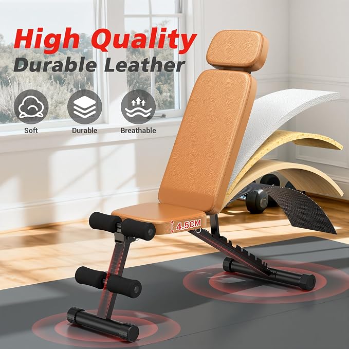 XDDIAS Workout Bench, 10 Backrests Adjustable Weight Bench with Extended Headrest, 800LBS Foldable Weight Bench for Home Gym, Incline Decline Flat Bench Compact for Small Space Training