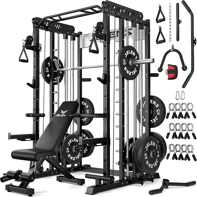 JELENS Smith Machine for Home Gym, Multi-Function M12 Power Cage with Cable Crossover System, Squat Rack with Smith Bar and More Attachment