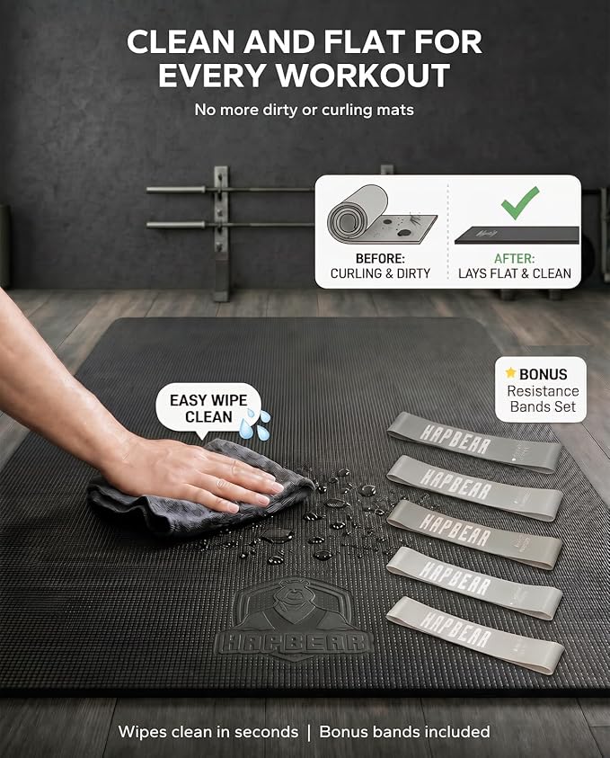 HAPBEAR Large Exercise Mat-6'x4'/7'x5'/6'x8'/6'x9'/6'x10'/6'x12'x 1/3"(8mm) | Non-Slip, Ultra Durable, Thick Workout Mat for Home Gym Flooring, Cardio, Yoga & Fitness; High-Density, Shoes-Friendly