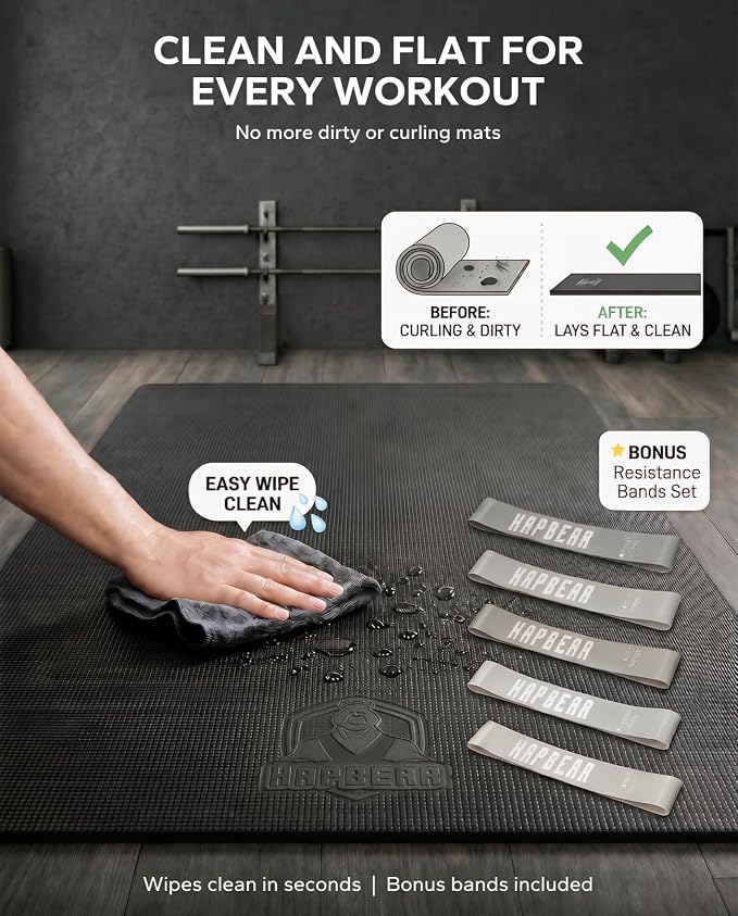 HAPBEAR Large Exercise Mat-6'x4'/7'x5'/6'x8'/6'x9'/6'x10'/6'x12'x 1/3"(8mm) | Non-Slip, Ultra Durable, Thick Workout Mat for Home Gym Flooring, Cardio, Yoga & Fitness; High-Density, Shoes-Friendly