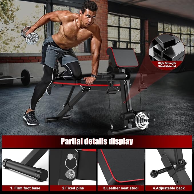XDDIAS Adjustable Weight Bench, Workout Bench with Leg Extension and Preacher Curl Pad, Weight Bench for Home Gym, Foldable Exercise Bench, Quick Adjustment Incline Bench Press