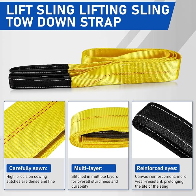 Pindex 2 Pack 2" x 3' & 2 Pack 2" x 7' Web Lifting Sling 13000 Lbs Breaking Force 3500 Lbs Pulling Forces Lift Sling Straps for Rocks Trees Mowers Tool Boxes in Trailers Tractors Trucks, Yellow