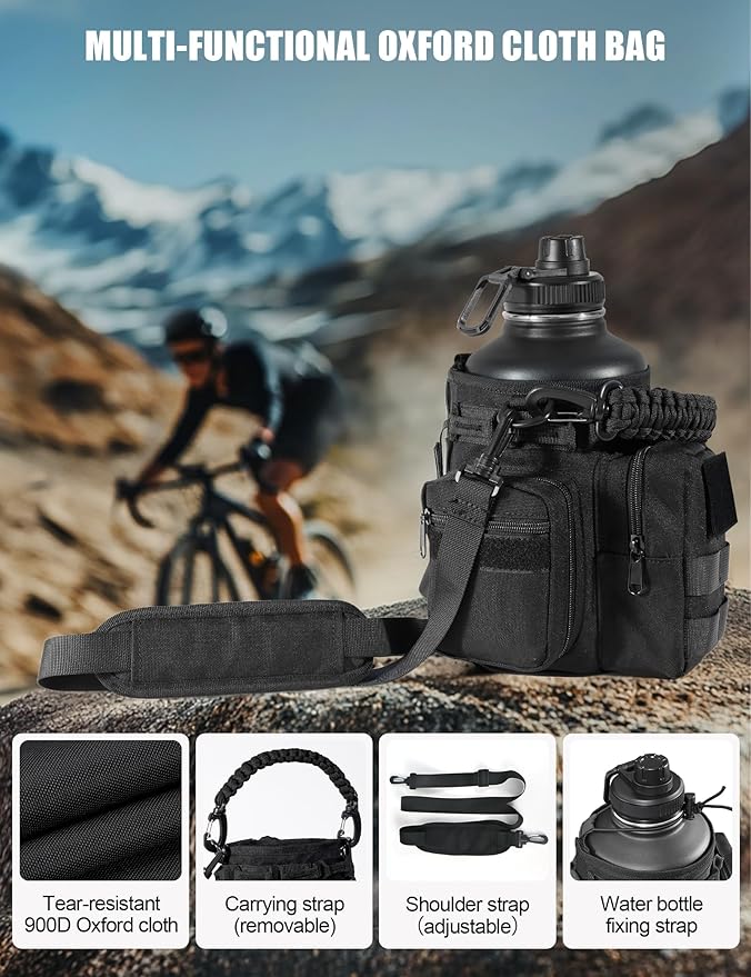Tactical Half Gallon Water Bottle with Straw, 64 Oz Insulated Water Jug with Molle Water Bottle Holder, Stainless Steel Sport Bottle with 3 BPA Free Lids for Gym Workout Hiking (64oz-Black)