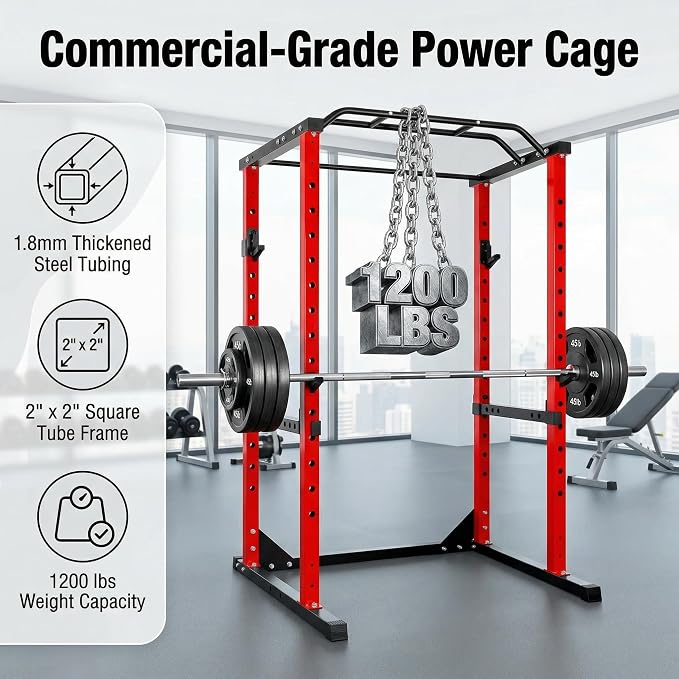 Squat Rack with Protection Arm, 1200 Lbs Capacitys All in One Power Cage, 44.3 x 45.6 x 81.5 Inch, 14.0 sq.ft Footprint Adjustable Fitness Power Gym Cage for Home Gym