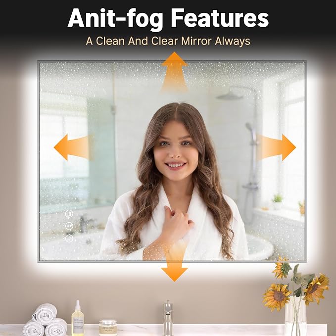 Hasipu 28''x 20'' Bathroom Mirror with Lights, Anti-Fog, Dimmable, Home Mirror Bathroom Mirrors for Over Sink Wall, Memory Function, Tempered Glass, Shatter-Proof, Wall Mounted