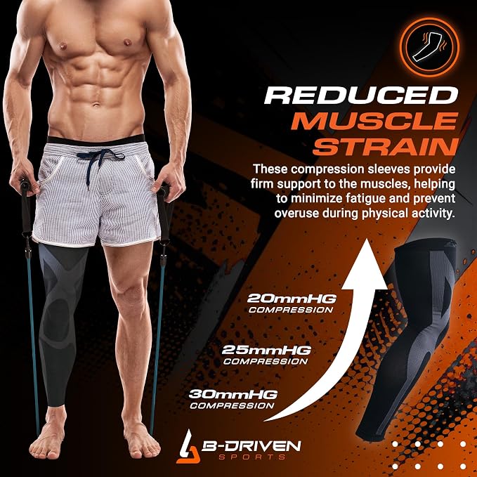 B-Driven Sports Full Leg Compression Sleeve For Men Women - Medical Grade 20-30mmHG - Running Recovery Swelling Thigh Support