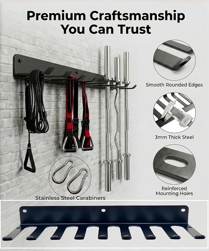 9 Hook Wall Mount Gym Storage Rack, Heavy-Duty Fitness Equipment Organizer | Thickened 3mm Steel Construction with Wide-Spaced Hooks Helps Prevent Crowding and Keeps Gear Easy to Access