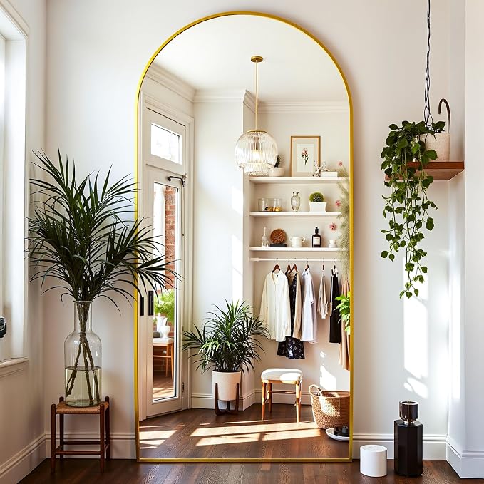 Floor Mirror, 76"x34" Oversized Full Length Mirror with Stand, Arched Full Body Mirror Standing Hanging Leaning Against Wall, Aluminum Frame Giant Mirrors for Bedroom Cloakroom, Gold