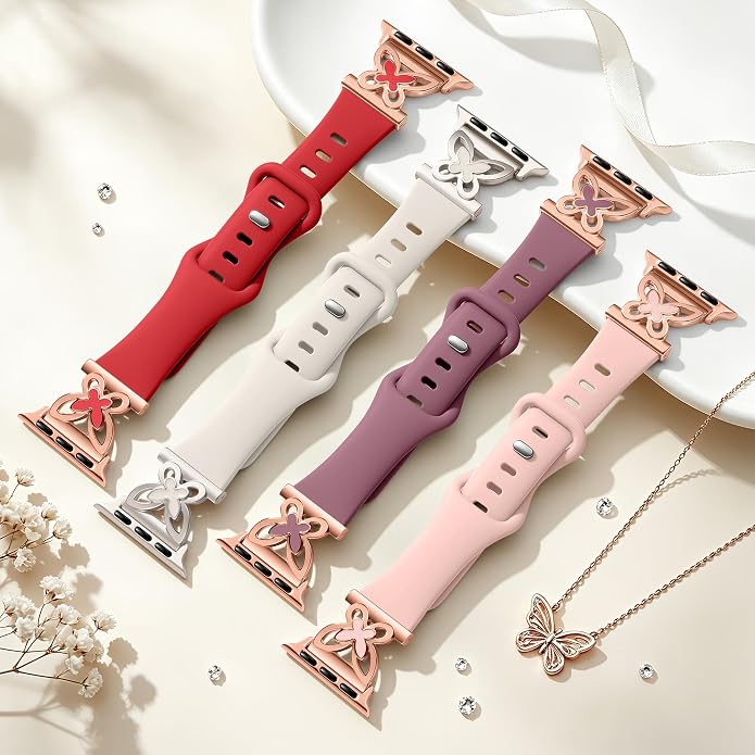Lerobo Slim Silicone Band Compatible with Apple Watch Bands for Women | Dressy Metal Butterfly 16mm Thin Strap for iWatch Series 11 10 9 8 7 6 5 4 SE Ultra 38mm 40mm 41mm 42mm 44mm 45mm 46mm 49mm