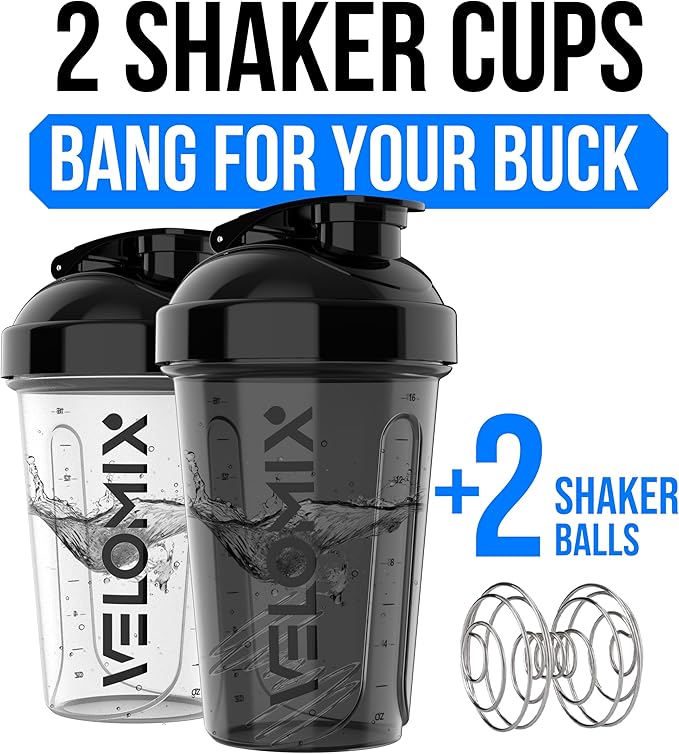 VELOMIX 2 Pack 20oz Protein Shaker Bottle for Protein Mixes, Black/Transpar | 2x Wire Whisk, Leak Proof Shaker Cups for Protein Shakes, Stackable, Dishwasher safe, BPA free, Pre Workout and Fitness ready
