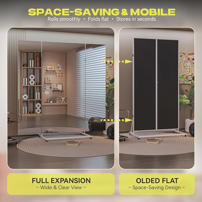 Hasipu 79"×79" Large Tri-Fold Full Length Rolling Mirror | Tempered Glass Movable Home Gym Mirror on Wheels with Stand for Gym, Dance Studio, Fitness Room, and Home
