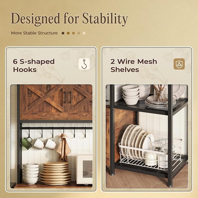 Huuger Large Bakers Rack with Power Outlet, Kitchen Microwave Stand with Cabinets, Coffee Bar Table Station with Storage, 6 S-Shaped Hooks, Mesh Shelves, 45 Inch Wooden Top, Rustic Brown