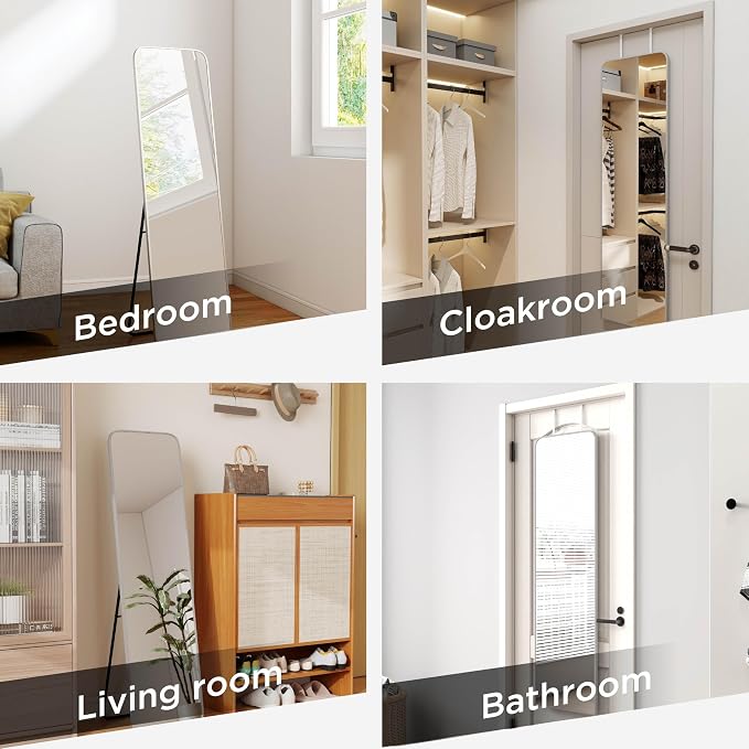 SCWF-GZ 57x16 Full Length Mirror Over The Door Hanging, Floor Stand/Wall Mounted Aluminum Alloy Frame Dressing Mirror for Bedroom Living Room 57 inch Silver