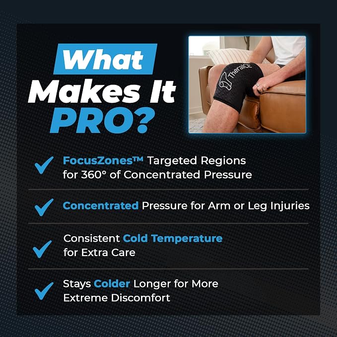 TheraICE Knee Ice Pack Wrap PRO Compression Sleeve, Reusable Gel Cold Packs Brace Also for Elbow, Ankle & Calf - Flexible Cold Wrap Recovery, FocusZone Technology for Extra Cooling & Pressure (M) | FocusZone Extra Cooling, Flexible Gel Ice Pack for Pos...