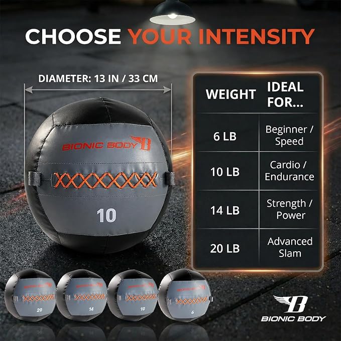 Bionic Body Soft Medicine Ball Weighted Slam Wall Ball for Cardio Workout and Core Training – Ideal for Squat, Lunge, and Partner Toss