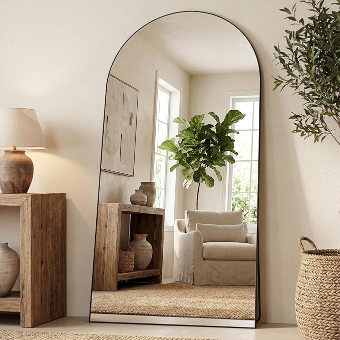 Antok 81" x41” Arched Full Length Floor Mirror, Black Aluminum Frame, Free Standing/Wall Mount/Leaning for Bedroom, Living Room, Dressing Room