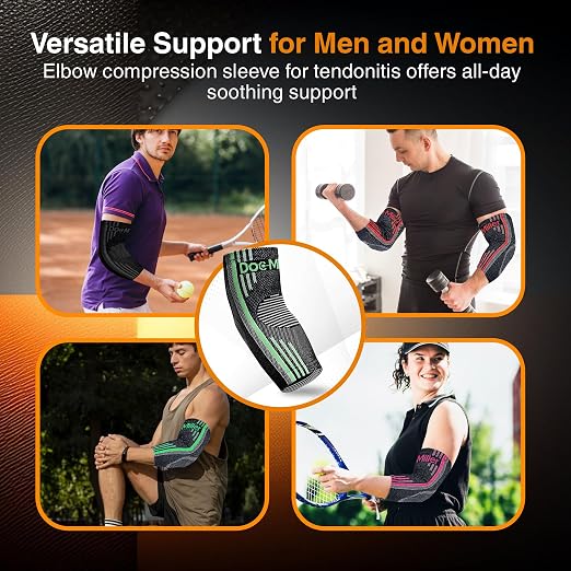 Doc Miller Elbow Compression Sleeves for Tendonitis, Women & Men, 1 Pair | Compression support, Arm Brace, Tennis Injuries, Bursitis Relief, Tendon Care, Active Use, Sports & Recovery