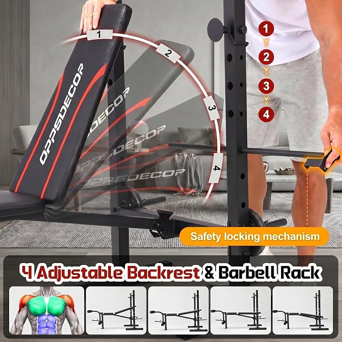 OPPSDECOR Weight Bench Set with Squat Rack, 900LBS Adjustable for Home Gym | Leg Extension & Curl, Preacher Curl Pad, ASTM-Certified 900LBS, Bench Press Rack, Full Body Workout, 2-Second Fold, US Stock