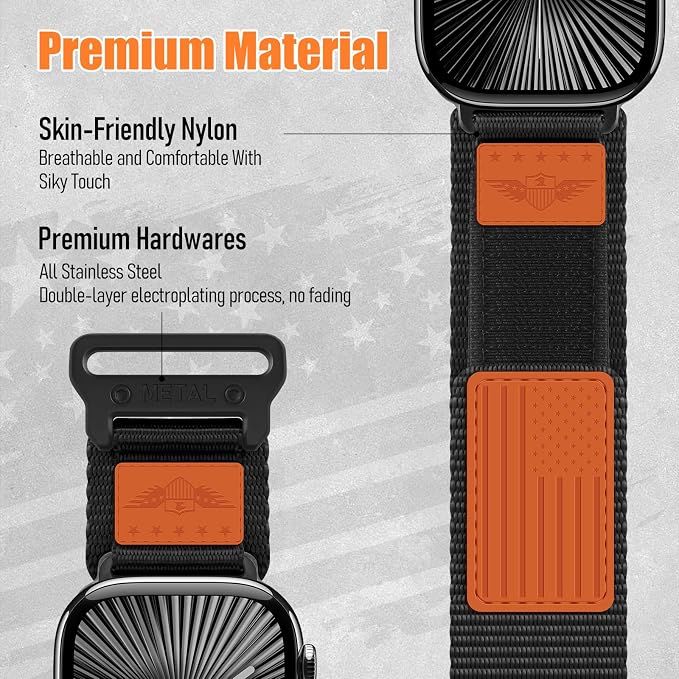 Rugged Nylon for Apple Watch Ultra 2/ Ultra 3 Band Series 11/10/9/8/7/6/5/4/3/SE iWatch Bands Men,Soft Woven Stars-Stripes Flag Wristbands Strap for Apple Watch Ultra 3/2/1 49mm 46mm 45mm 44mm 42mm