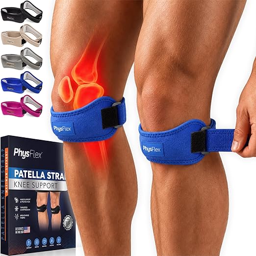PhysFlex 2 Pack Patella Knee Brace - Knee Support and Pain Relief, Running, Hiking, Basketball, Jumpers Knee, Tendonitis, Adjustable Strap Patellar Tendon Stabilizer (Blue)