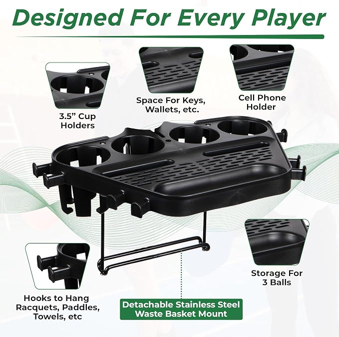 Grand Slam Court Caddie - Tennis and Pickleball Court Organizer for Fence and Net Post - Cup Holders, Phone Storage, Ball Slots, Racquet Hooks and Dual Waste Basket Mount - Weather-Resistant