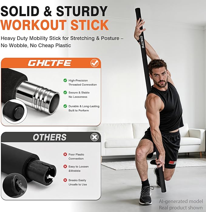 Adjustable Yoga Stick for Stretching & Balance, Upgraded Workout Pilates Equipment for Back Posture Corrector, 4-Section Steel Mobility Bar for Flexibility, Physical Therapy, Exercise Training
