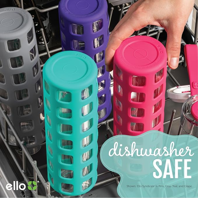 Ello Syndicate 20oz Glass Water Bottle with Flip Lid and Sleeve, Celeste | Glass water bottle for iced drinks with leakproof flip lid, silicone sleeve, carry loop, BPA-free, and dishwasher safe