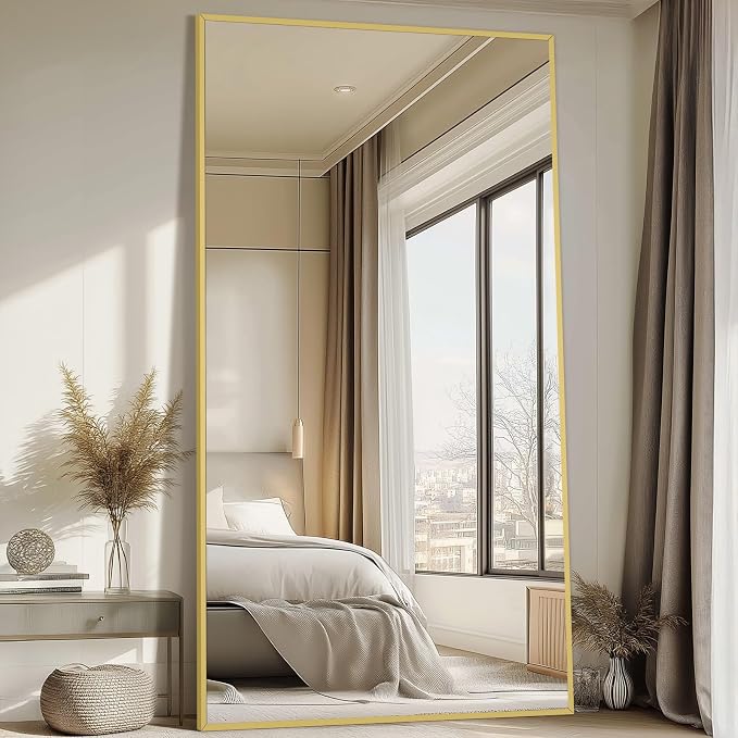 Mirrorons 82"x44" Oversized Full Length Mirror, Floor Standing or Wall Mounted with Hanging Kit, Shatterproof Tempered Glass Mirror for Living Room, Bedroom, Dressing Room, Gym (Gold)
