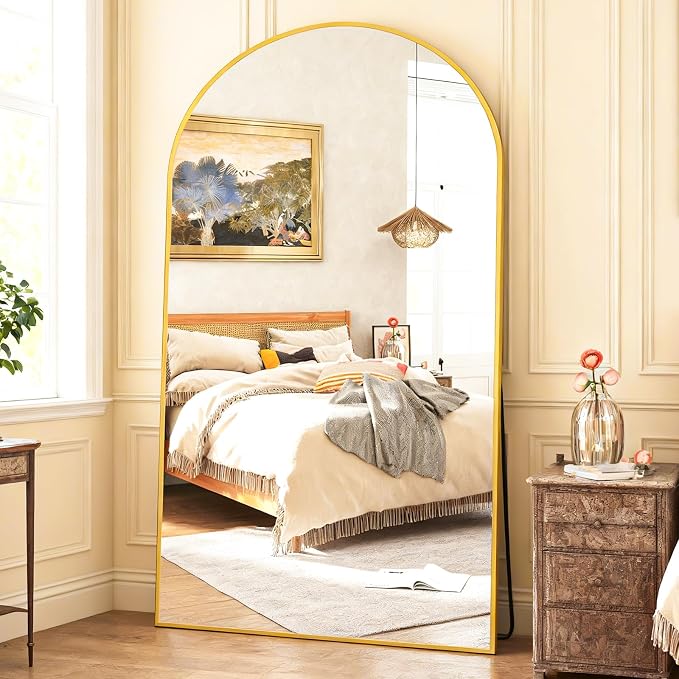 Full Length Mirror 82" L x 44" Full Body Standing Mirror for Bedroom, Living Room, Gym, Dorm - Shatter-Resistant & Easy Assembly, Arched Style Gold