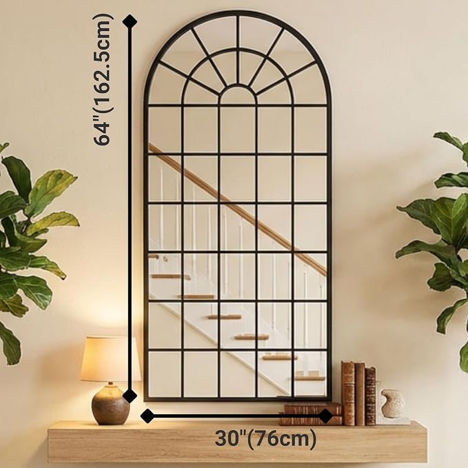 64x30Inch Large Arched Window Pane Mirror| Black Arched Mirrors for Wall & Floor | Arch Mirror Full Length for Entryway Living Room & Bedroom | Oversized Mirrors | Wall Art Decorative |Farmhouse Décor