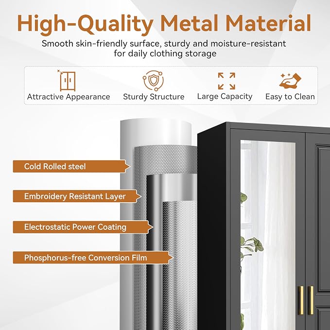 Polup Metal Armoire Wardrobe Closet with Mirror, 71" Tall Black Cabinet | Heavy Duty Steel Clothing Storage Cabinet with Hanging Rod & Adjustable Shelves for Bedroom, Office, Clothes Organizer