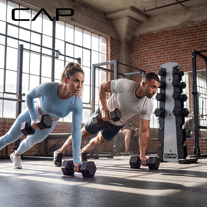 CAP Rubber Coated Hex Dumbbell Set with Storage Rack | 100–210 lb Options, Space-Saving Vertical Compact Storage for Home Gym Strength Training