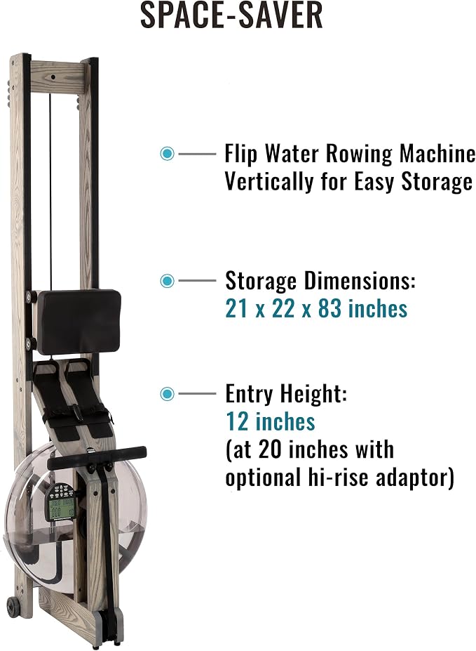 Water Rower Rowing Machine for Home Use, Solid Ash Wood Rower | Water Resistance with Smooth Natural Feel. Full Body Low Impact Cardio Trainer. Upright Space Saving Storage.