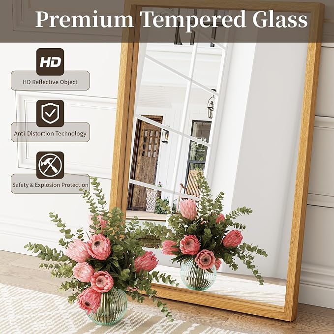 Syndra Natural Wood Frame Bathroom Mirror, 24x36'' Modern Vanity Mirror for Wall, Waterproof Slim Deep Frame, Rectangular HD Tempered Glass Mirror for Living Room, Bedroom, Entryway, Rustic, Farmhouse