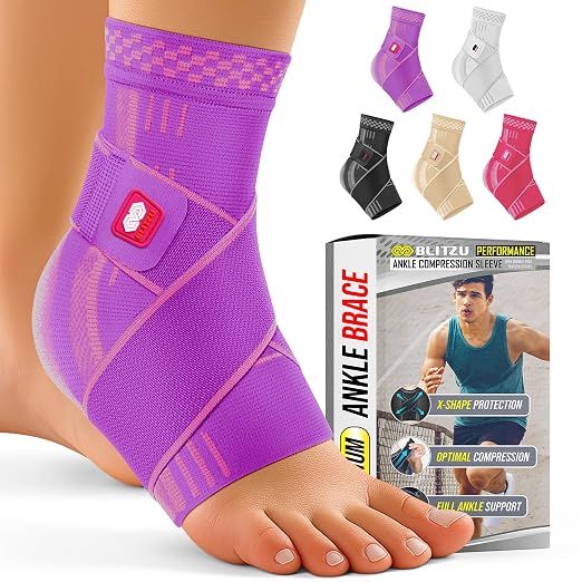 BLITZU Ankle Brace for Men & Women, Foot Compression Sleeve w/Arch Support | Open Toe Socks, Stabilizing Wrap for Torn Ligaments, Sprained Ankle, Achilles Tendonitis, Arthritis, Recovery, Sport, Fitness