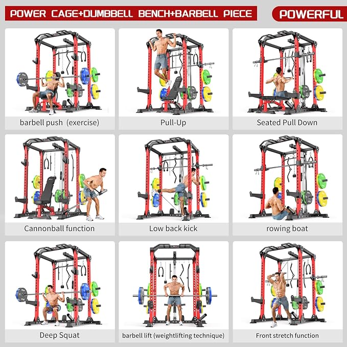 Power Cage Multi-Function Power Rack with Cable Crossover System,1500 LBS Capacity Squat Rack with Weight Bench,for Home Gym
