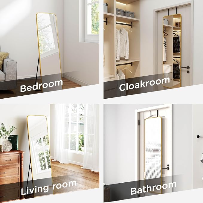 SCWF-GZ 57x16 Full Length Mirror Over The Door Hanging, Floor Stand/Wall Mounted Aluminum Alloy Frame Dressing Mirror for Bedroom Living Room 57 inch Gold
