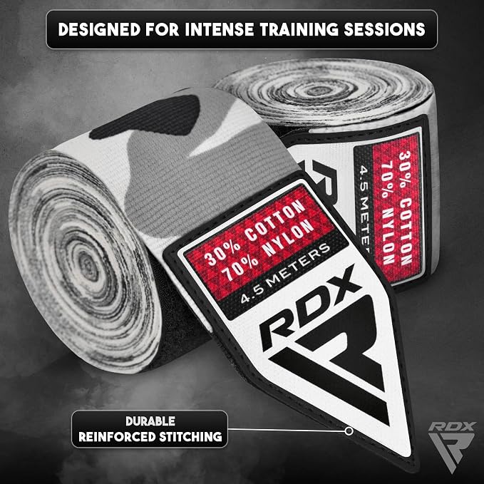 RDX Boxing Hand Wraps 4.5M / 180 Inches – Mexican Style Semi-Elastic MMA Inner Gloves - Wrist Support for Muay Thai, Kickboxing, BJJ, Karate - Thumb Loop & Hook and Loop Closure - Cotton & Nylon Blend