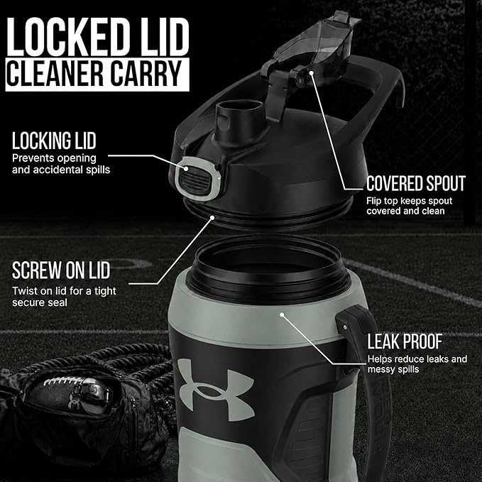 Under Armour Insulated Water Bottle with Handle & Fence Hook, Half Gallon Sports Water Jug, Leak-Resistant & BPA-Free for Baseball, Football & Gym - Silica Green/Silica Green, 64oz
