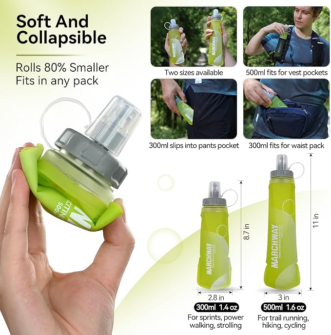 MARCHWAY Soft Hydration Flask with Wide Mouth, 300ml/500ml Collapsible TPU Water Bottle, Leakproof Portable Flexible for Running, Hiking, Cycling, Climbing, Gym, Travel (2pcs Yellow 500ml)