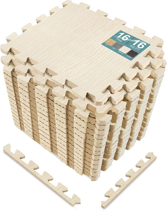 Sorbus Wood Grain Floor Mats Foam Interlocking Mats Each Tile 1 Square Foot 3/8-Inch Thick Flooring Wood Mat Tiles - Home Office Playroom Basement Trade Show (16 Tiles,16 Sq ft - Light Pine)