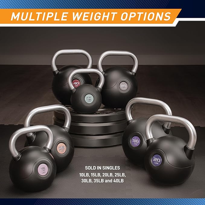 Marcy Commercial Grade PU Coated Kettlebell – 10 to 40 LB Single Weights with Textured Steel Handle, Flat Base – Strength Training for Full Body & Home Gym Workouts