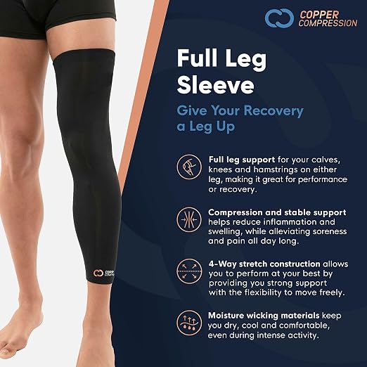 Copper Compression Leg Compression Sleeve - Copper Infused Knee Stabilizer Brace for Running, Meniscus Tear, ACL, MCL, Arthritis, Joint Pain Relief - Thigh & Calf Support for Men & Women - Black - S