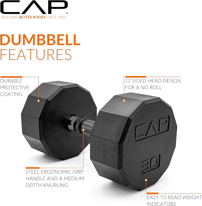 CAP Rubber Coated Dumbbell Weights, Free Weights for Home Gym Strength Training, Anti-Roll Hex Dumbbells with Black, Chrome & Comfort Grip Handles, Pairs & Sets