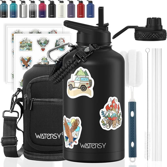 64oz Insulated Water Bottle (Cold for 48 Hrs),BPA Free&Leak Proof,Half Gallon Stainless Steel Water Flask,Water Jug with Straw Spout Lids for Gym,Hiking,Camping,Black