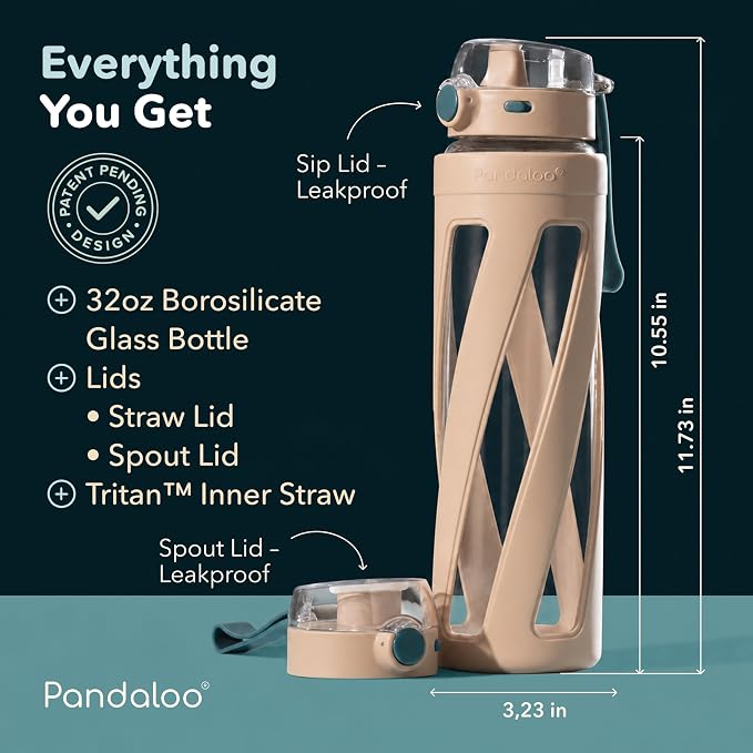Pandaloo® Orbit 32 oz Glass Water Bottle with 2 Leak-Proof Lids (Straw & Spout), Wide PanMouth, Borosilicate Glass, BPA-Free, Cup Holder Friendly for Gym, Work, Travel & Daily Hydration– Amber Sand