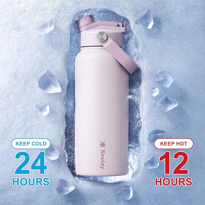 KEWIXY 32 oz Insulated Water Bottle, 2-in-1 Lid, Straw & Spout with Protected, Leak Proof, Keep Cold, Stainless Steel, Metal, Reusable, Handle, for Outdoor, Gym and School, 2 Lids, Pale Mauve